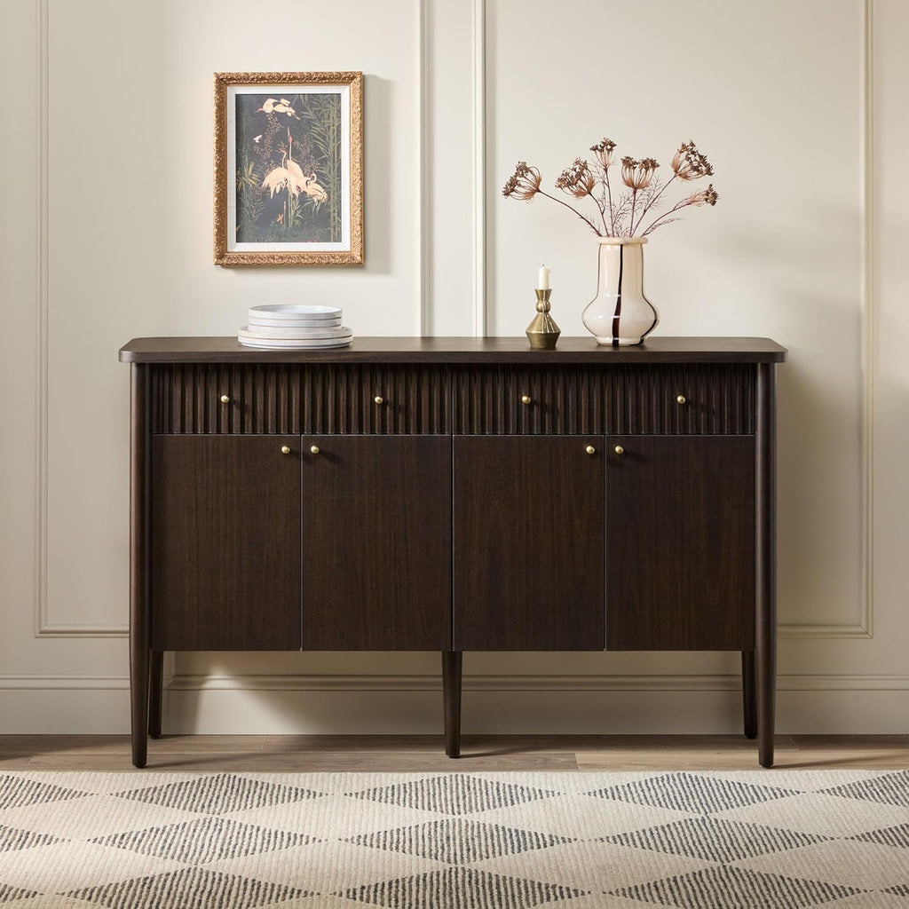 Walker Edison Samantha Modern Fluted Wood Buffet Sideboard with Storage 58 Inch, Dark Brown Oak