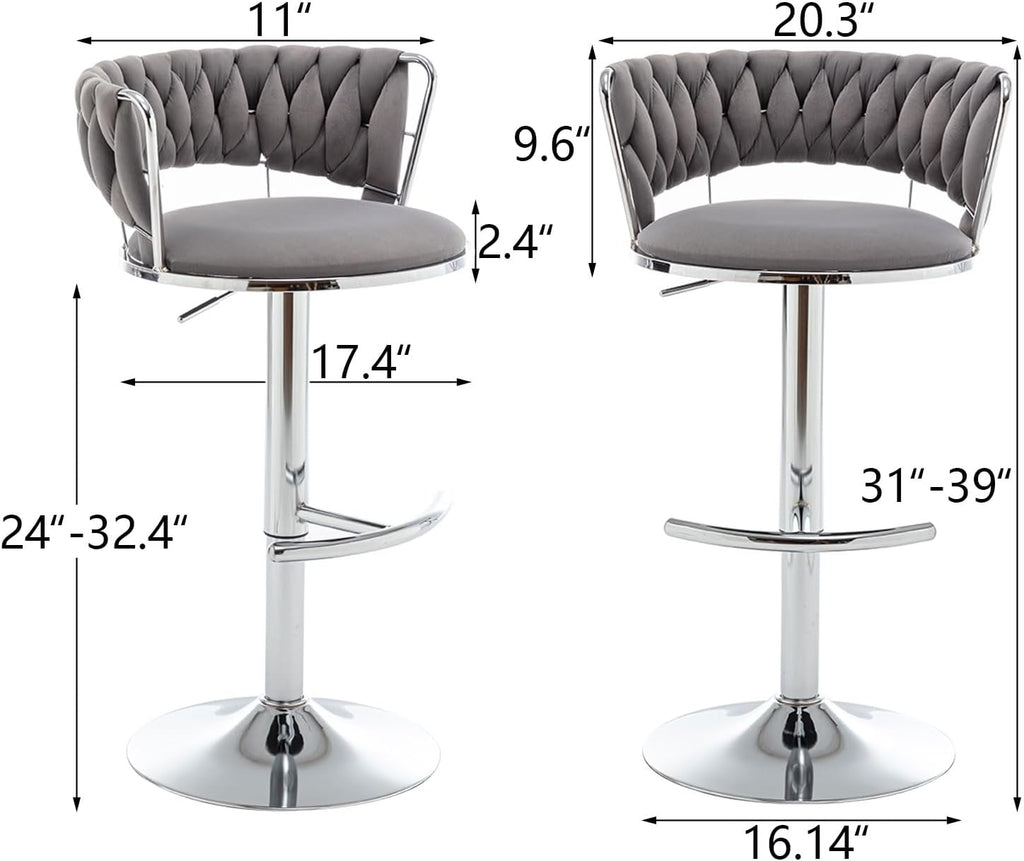 Velvet Bar Stools Set of 4, Counter Height Bar Stools with Low Back, Modern Adjustable Barstools, 360° Swivel Bar Chairs for Kitchen Island (Grey)