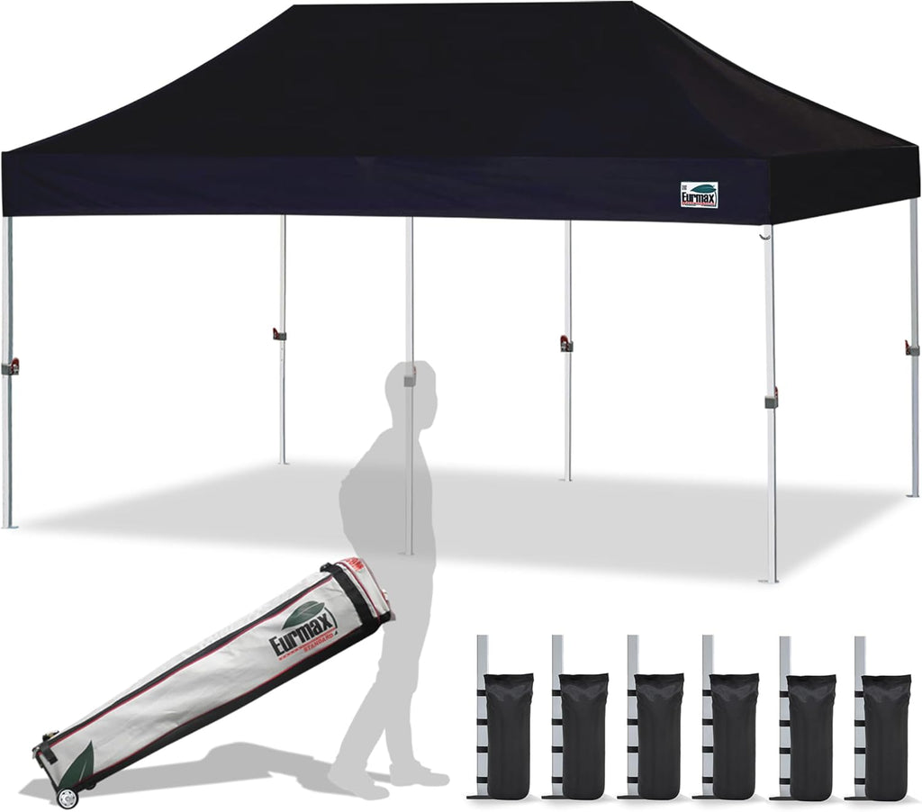 Eurmax USA 10'x20' Pop Up Canopy Tent Commercial Instant Canopies with Heavy Duty Roller Bag Bonus 6 Sand Weights Bags (Black)