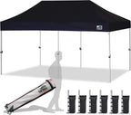 Eurmax USA 10'x20' Pop Up Canopy Tent Commercial Instant Canopies with Heavy Duty Roller Bag Bonus 6 Sand Weights Bags (Black)