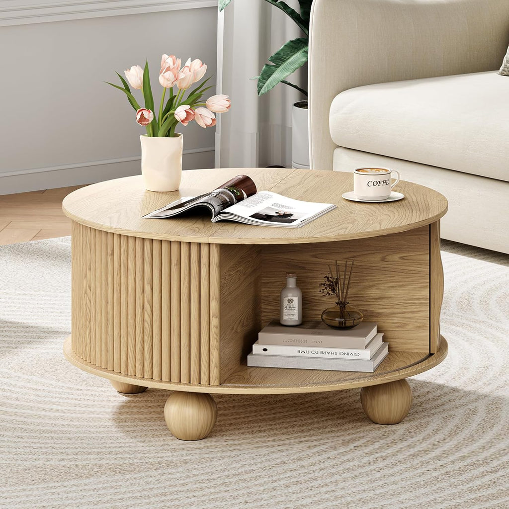 Round Coffee Table with Storage, 31.5" Natural Oak Fluted Drum Center Table, Scandi Japandi Wood Circle Table with Sliding Door & Bun Feet for Living Room