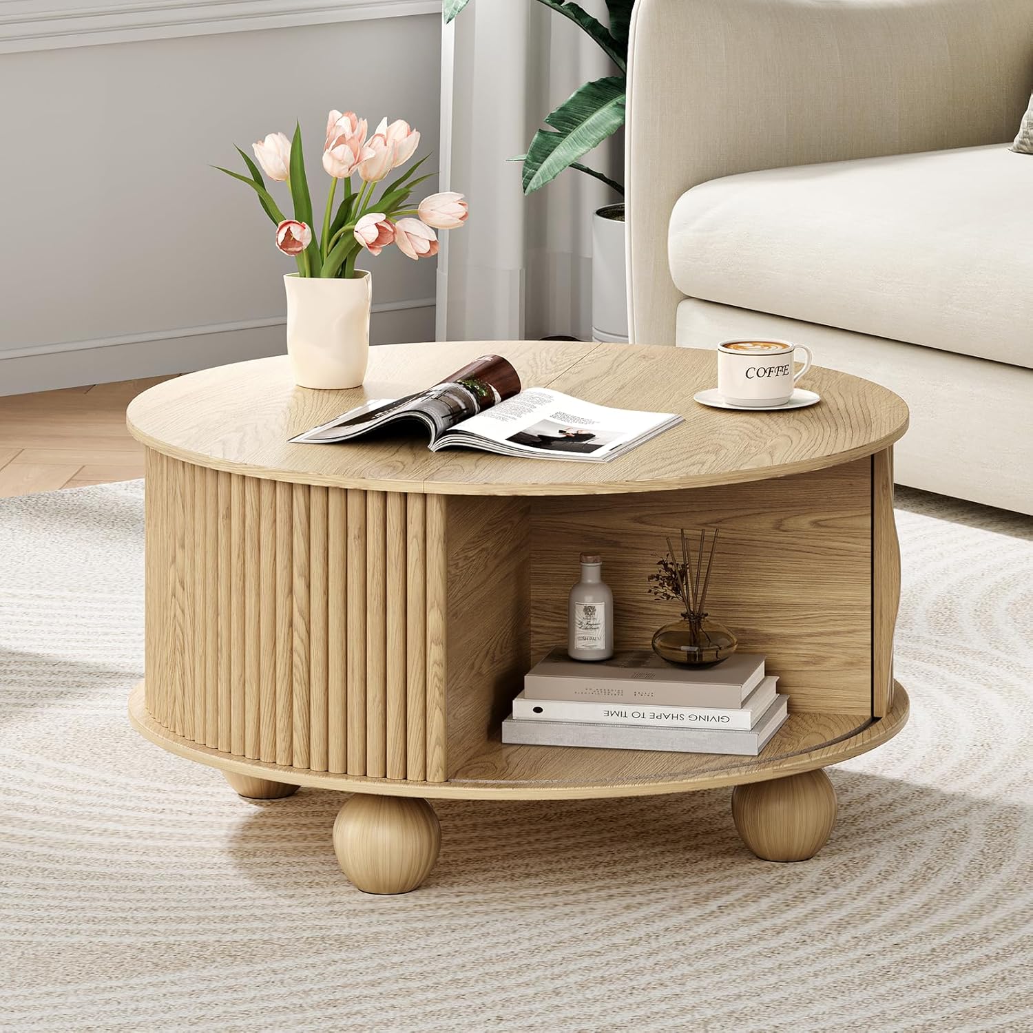Round Coffee Table with Storage, 31.5" Natural Oak Fluted Drum Center Table, Scandi Japandi Wood Circle Table with Sliding Door & Bun Feet for Living Room