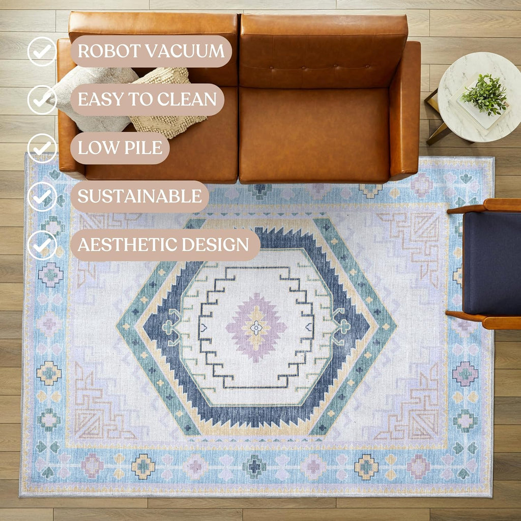 Fame Living Washable Area Rug. Modern Farmhouse. Vintage. Turkish. Bohemian. Distressed. Oriental. Traditional. Rugs for Living Room. Dining. Bedroom. Office. Entryway. Foyer. (856PBl, 9'5" x 14')