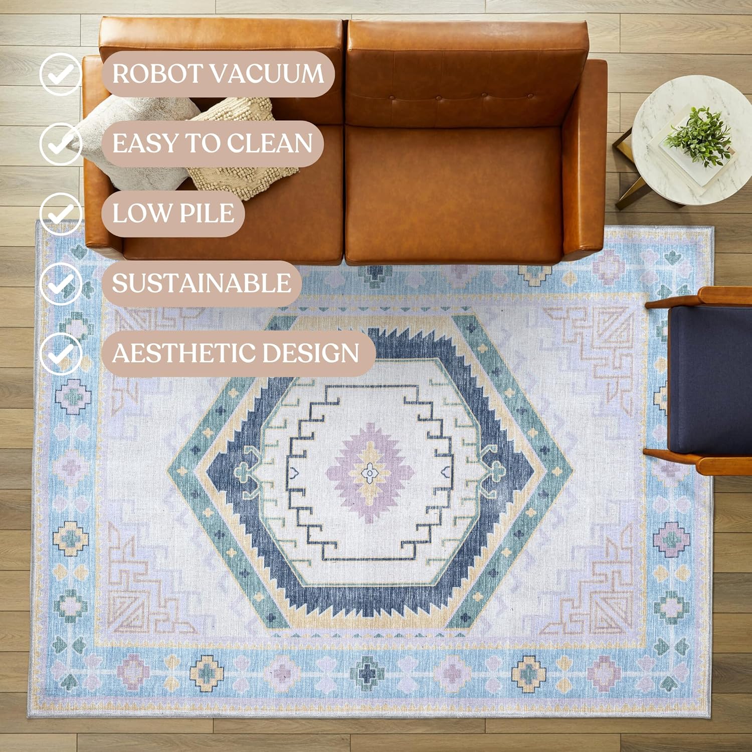 Fame Living Washable Area Rug. Modern Farmhouse. Vintage. Turkish. Bohemian. Distressed. Oriental. Traditional. Rugs for Living Room. Dining. Bedroom. Office. Entryway. Foyer. (856PBl, 9'5" x 14')