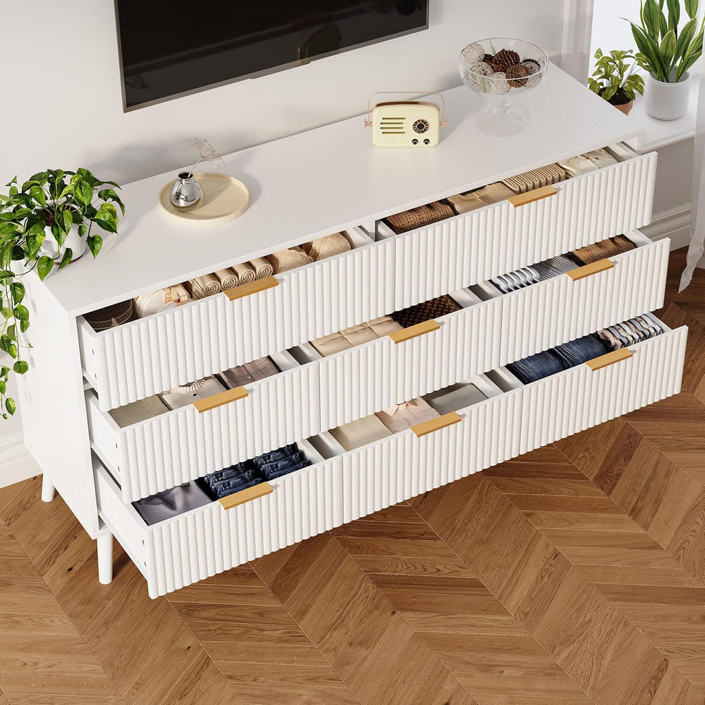 Fluted Dresser for Bedroom with 8 Drawers, Wooden Dresser with Metal Handle, Modern Storage Organizer for Bedroom, Wood Closet for Hallway, Living Room,White BDR104W