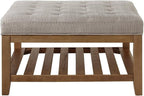24KF Large Square Upholstered Tufted Linen Ottoman Coffee Table, Large Footrest Ottoman with Solid Wood Shelf-Linen