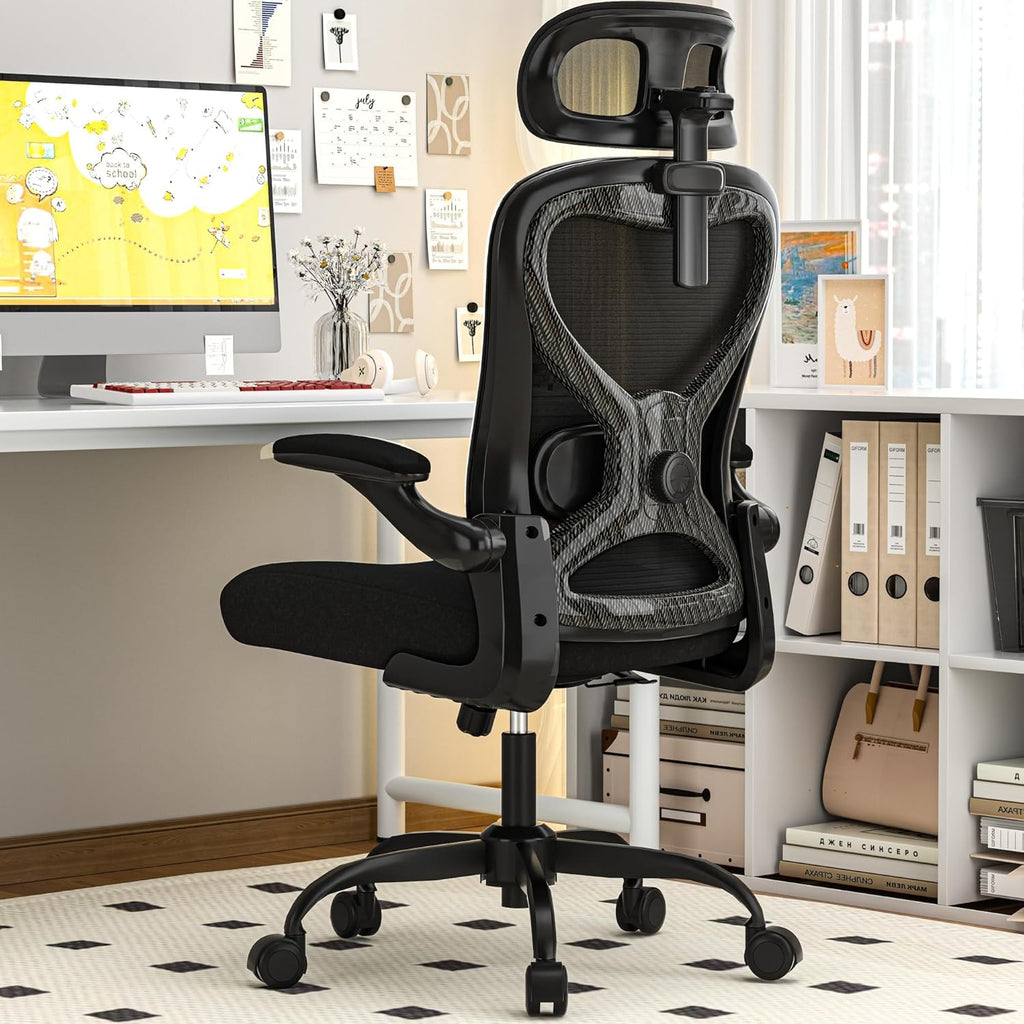 Office Chair for Back & Neck Pain Relief, Virgin Foam Seat, 2D Adjustable Lumbar & 3D Headrest, Flip-Up Armrests, Tilt & Rock for Relaxation, Black/Carbon Fiber
