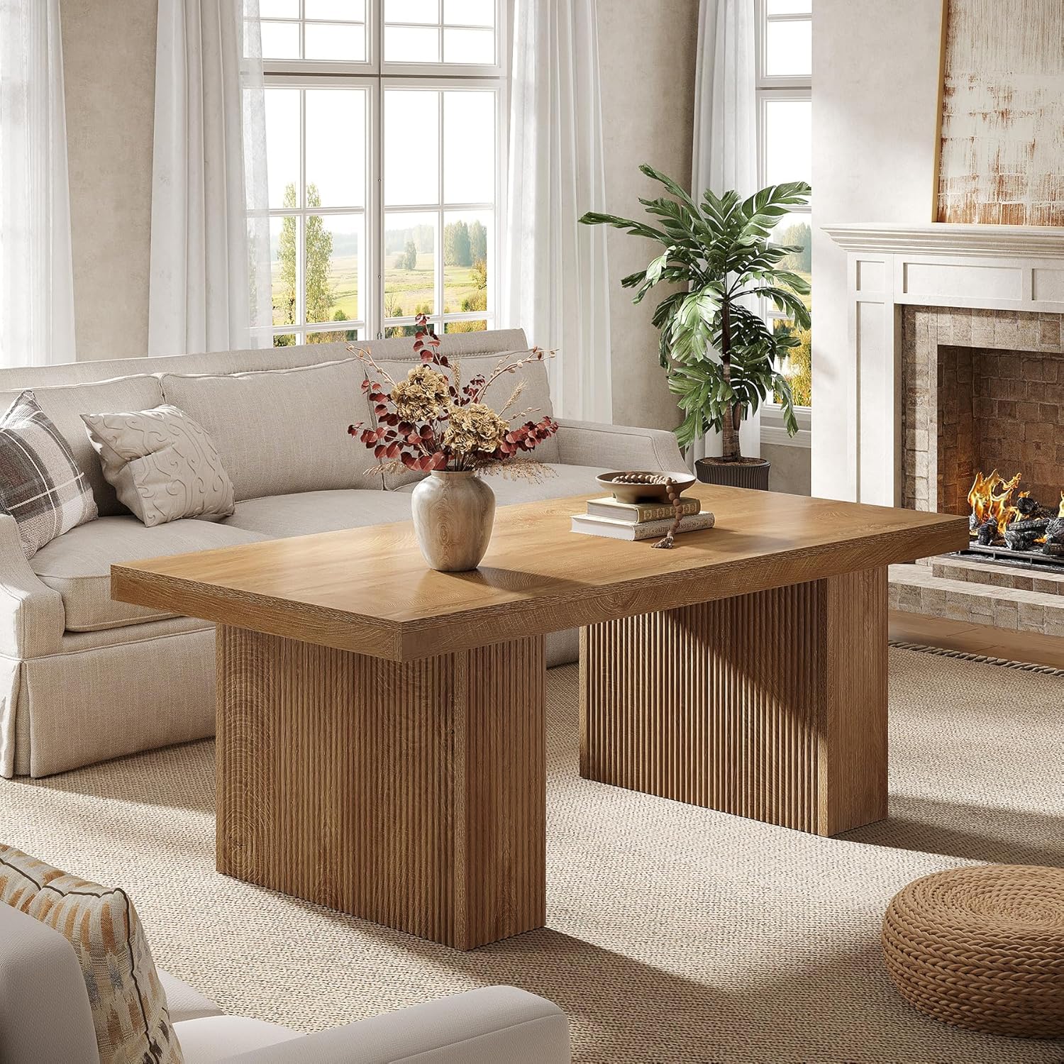 Tribesigns Farmhouse Coffee Table, 47.24 Inch Rectangle Center Table with Large Tabletop & Thick Base, Rustic Wooden Furniture for Living Room, Apartment, Reception Areas, Brown