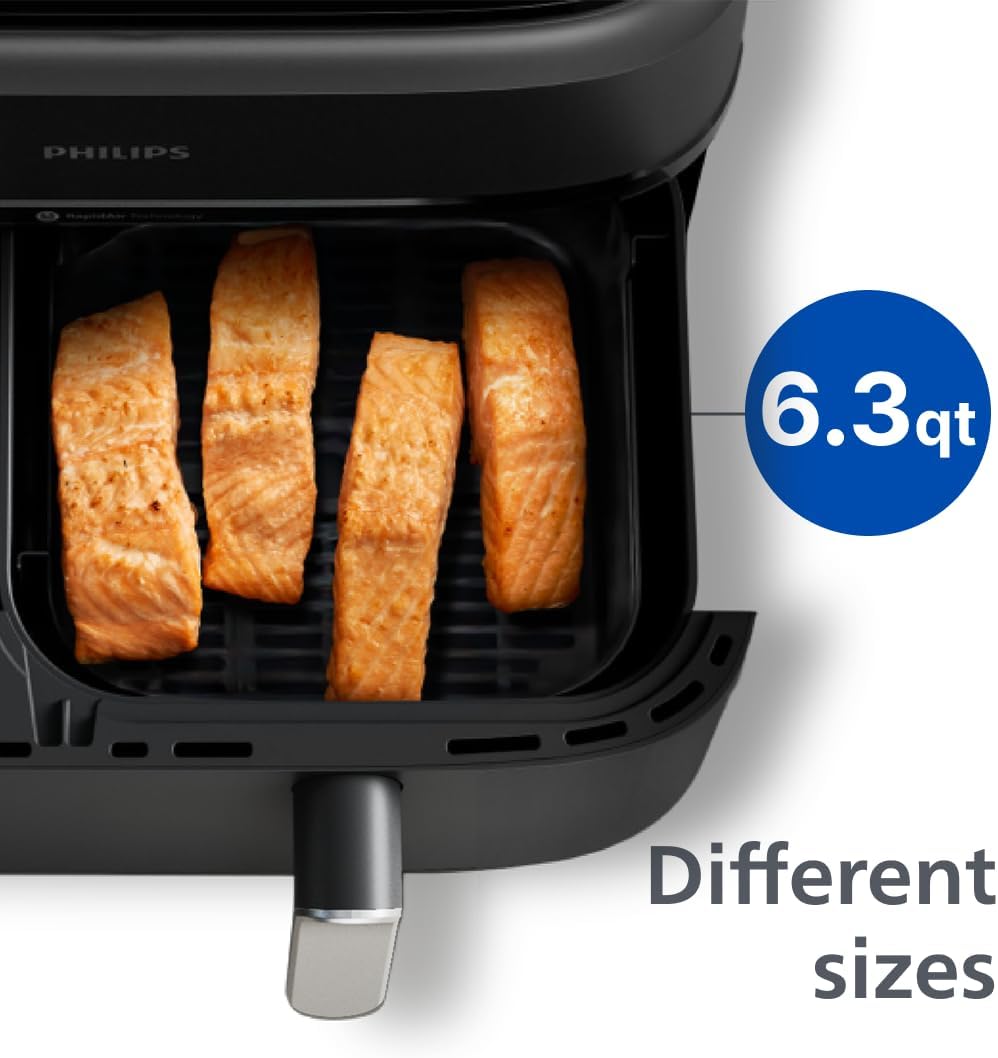 Philips Dual Basket Air Fryer 3000 Series — 8-in-1 functions, 9.5 Quarts, 2 Drawers, Auto-sync Cooking Time, 90% Less Fat, Rapid Air Technology, HomeID Recipe App, Dishwasher Safe, Black (NA351/00)