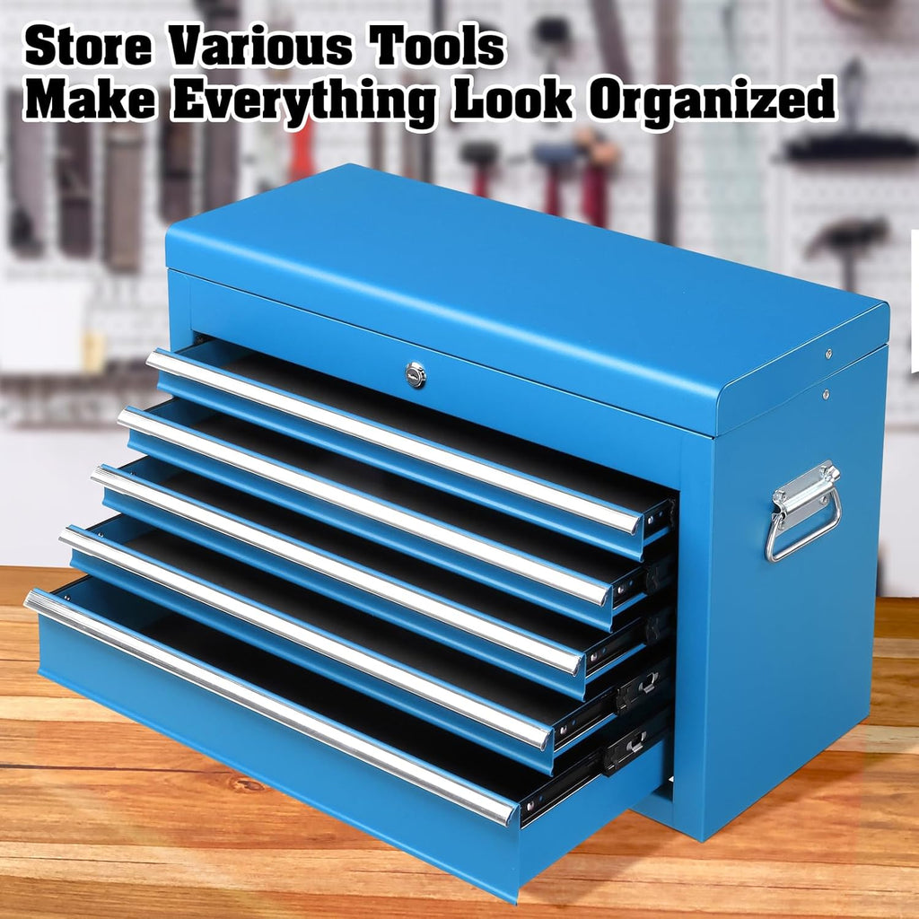 Winado 24" Portable Tool Box, 5 Drawer Tool Chest with Carry Handle, Top Case, Ball Bearing Runners, Lockable Metal Hand Toolbox for Garage, Warehouse, Repair Shop & Home, Blue