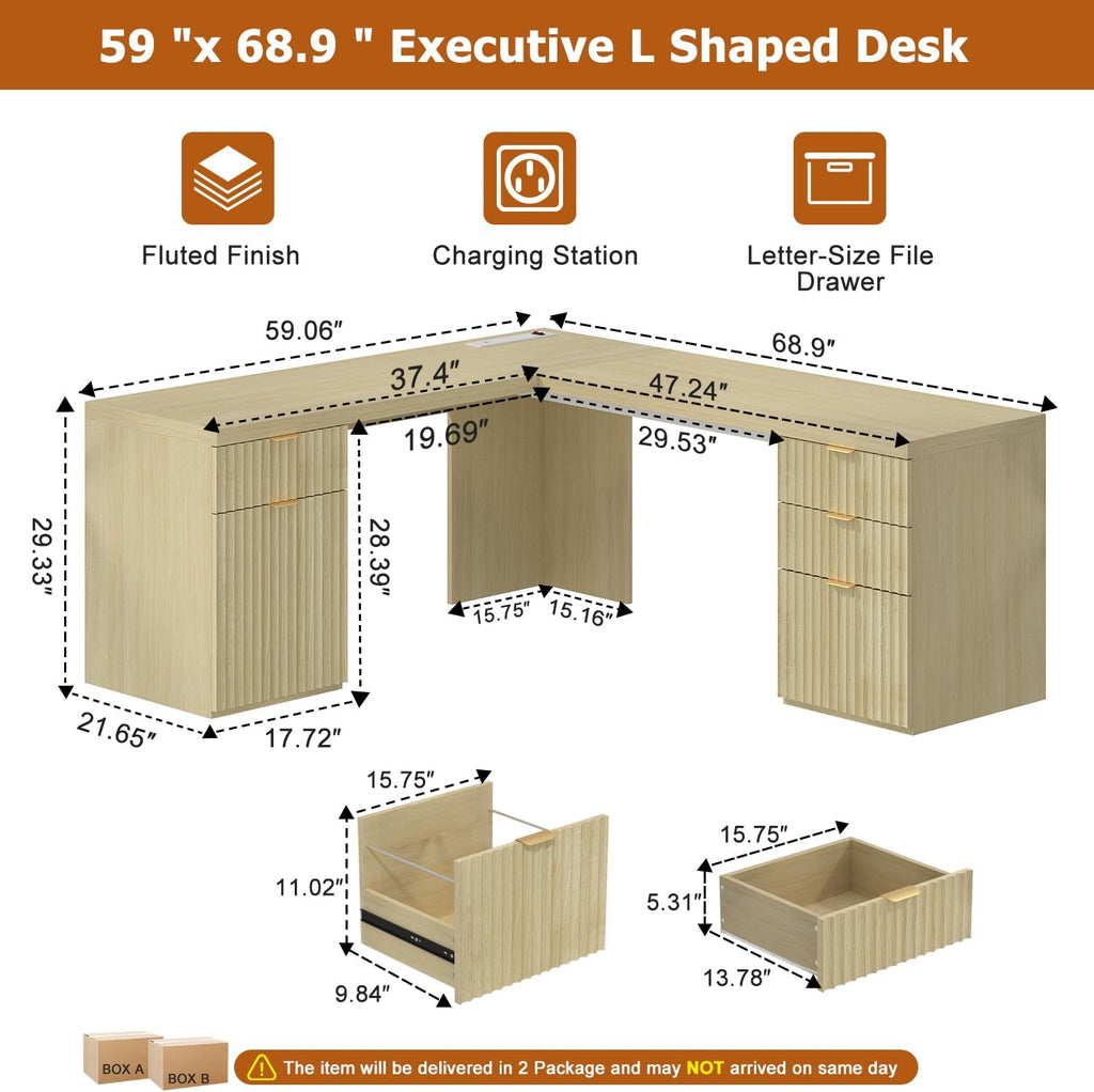 69" Modern L Shaped Executive Desk with Charging Station & File Drawer, Fluted Wood Home Office Corner Desk with Storage Drawers and Cabinet, Large Corner Computer Desk Writing Desk, Natural Oak