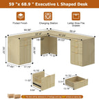 69" Modern L Shaped Executive Desk with Charging Station & File Drawer, Fluted Wood Home Office Corner Desk with Storage Drawers and Cabinet, Large Corner Computer Desk Writing Desk, Natural Oak