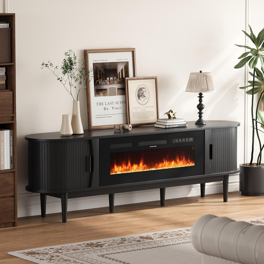 70″ Fluted Fireplace TV Stand for 80″ TVs, Remote & Touch Control, Adjustable Flame Colors & Temperature Entertainment Center with Storage, Modern Media TV Console Table for Living Room (Black)
