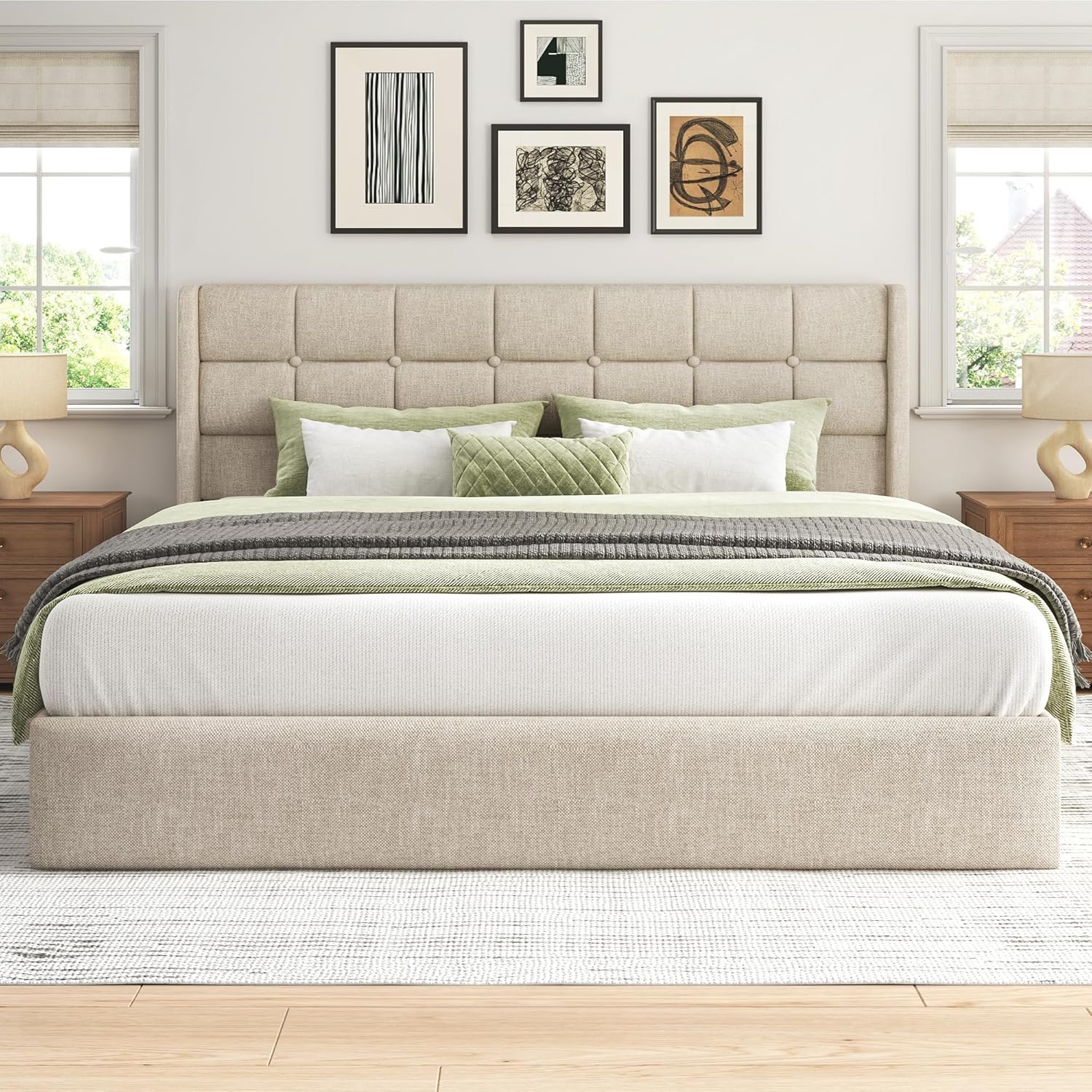 Lifezone King Size Lift Up Storage Bed Frame, Linen Upholstered King Platform with Button Tufted Wingback Headboard and Under-Bed Storage, Hydraulic Support, No Box Spring Needed, Noise Free, Beige
