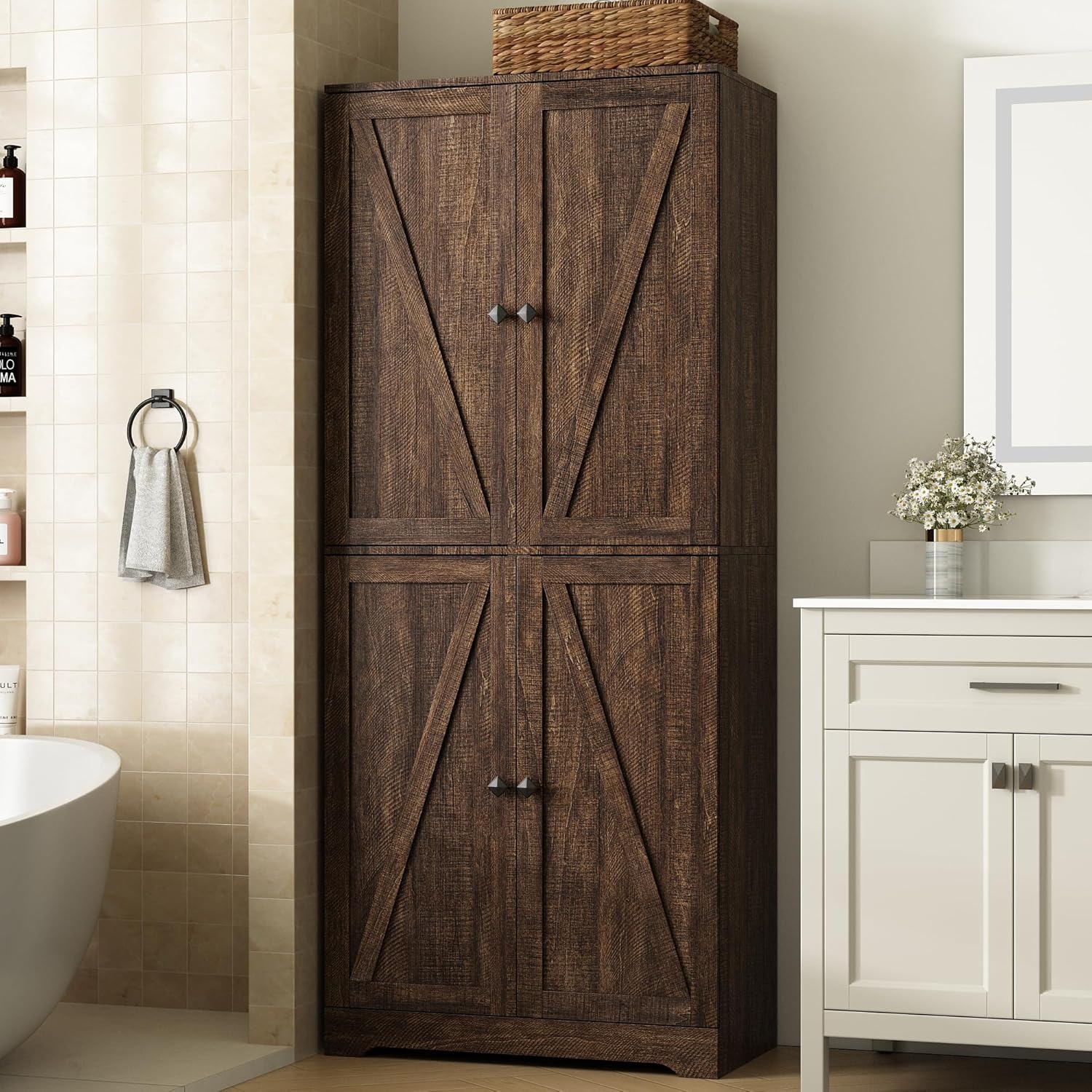 LYNSOM Farmhouse Storage Cabinet Set of 2, 72" Tall Kitchen Pantry Cabinet with 4 Barn Doors and Adjustable Shelves, Freestanding Storage Cabinets for Kitchen, Brown