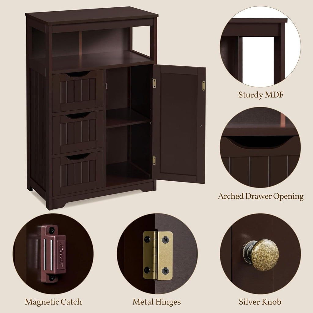 Yaheetech Wood Bathroom Floor Cabinet with 3 Drawers &1 Cupboard, Free Standing Storage Organizer Hallway Entryway Cabinet for Living Room Kitchen, Espresso