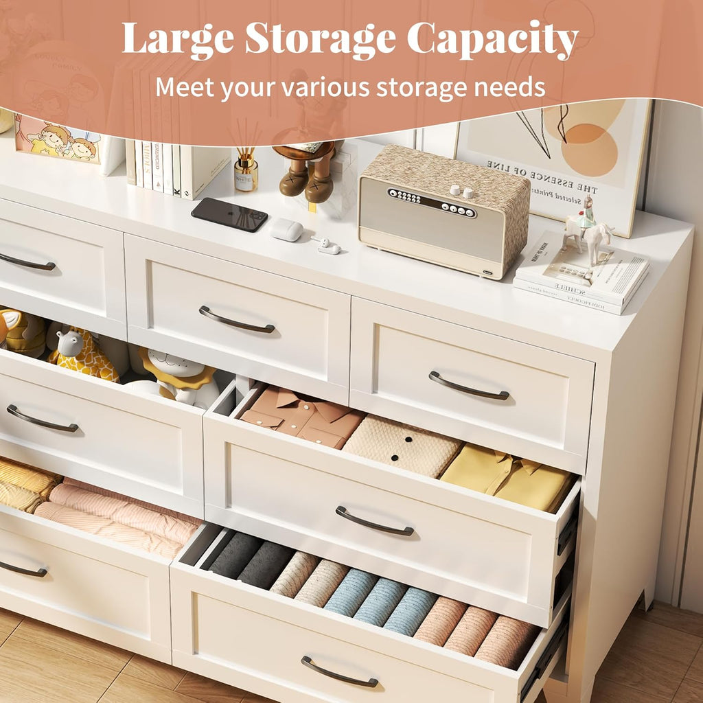 7-Drawer Dresser for Bedroom, 52" Wide White Steel Chest of Drawers with Anti-Tipping Design, Odor-Free Easy to Clean Storage Organizer for Living Room, Entryway, Hallway, Home Office