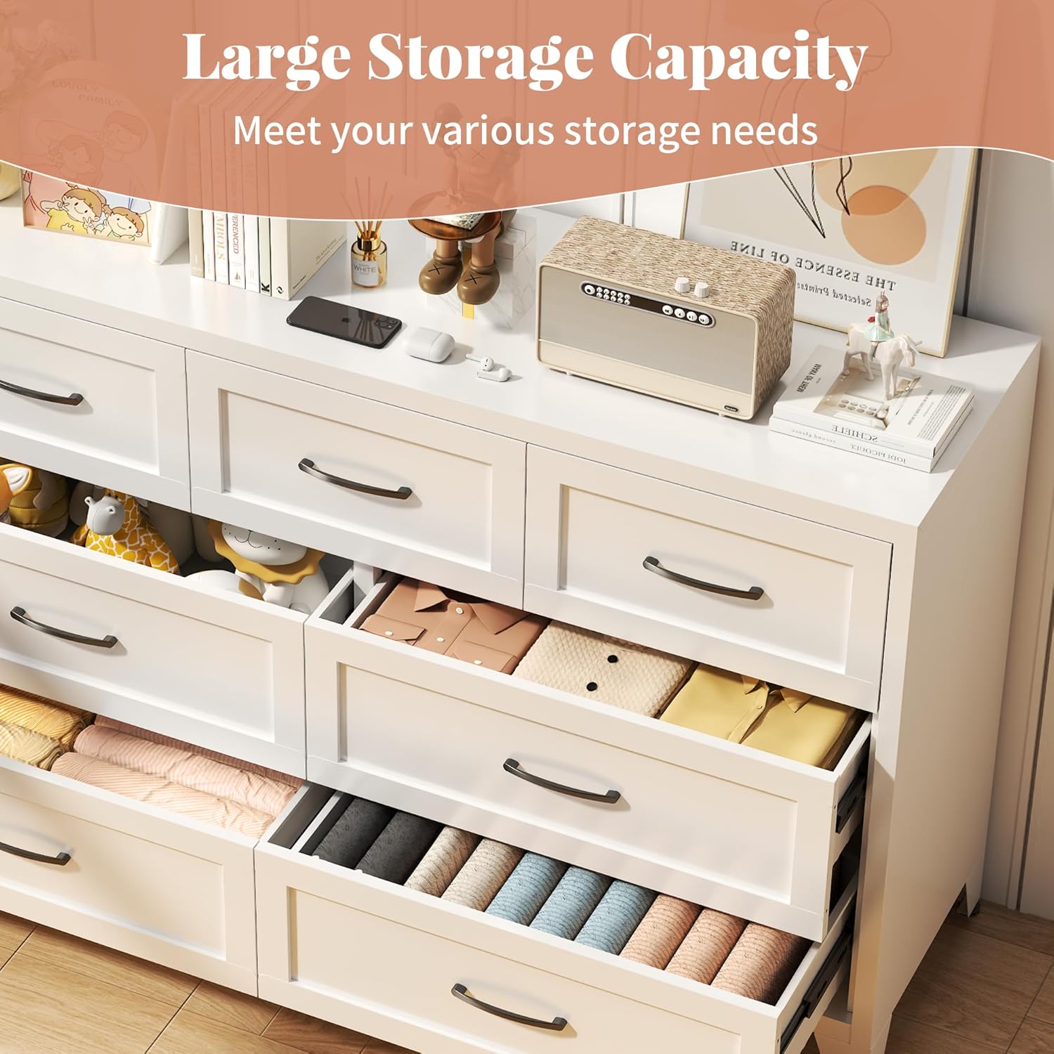 7-Drawer Dresser for Bedroom, 52" Wide White Steel Chest of Drawers with Anti-Tipping Design, Odor-Free Easy to Clean Storage Organizer for Living Room, Entryway, Hallway, Home Office