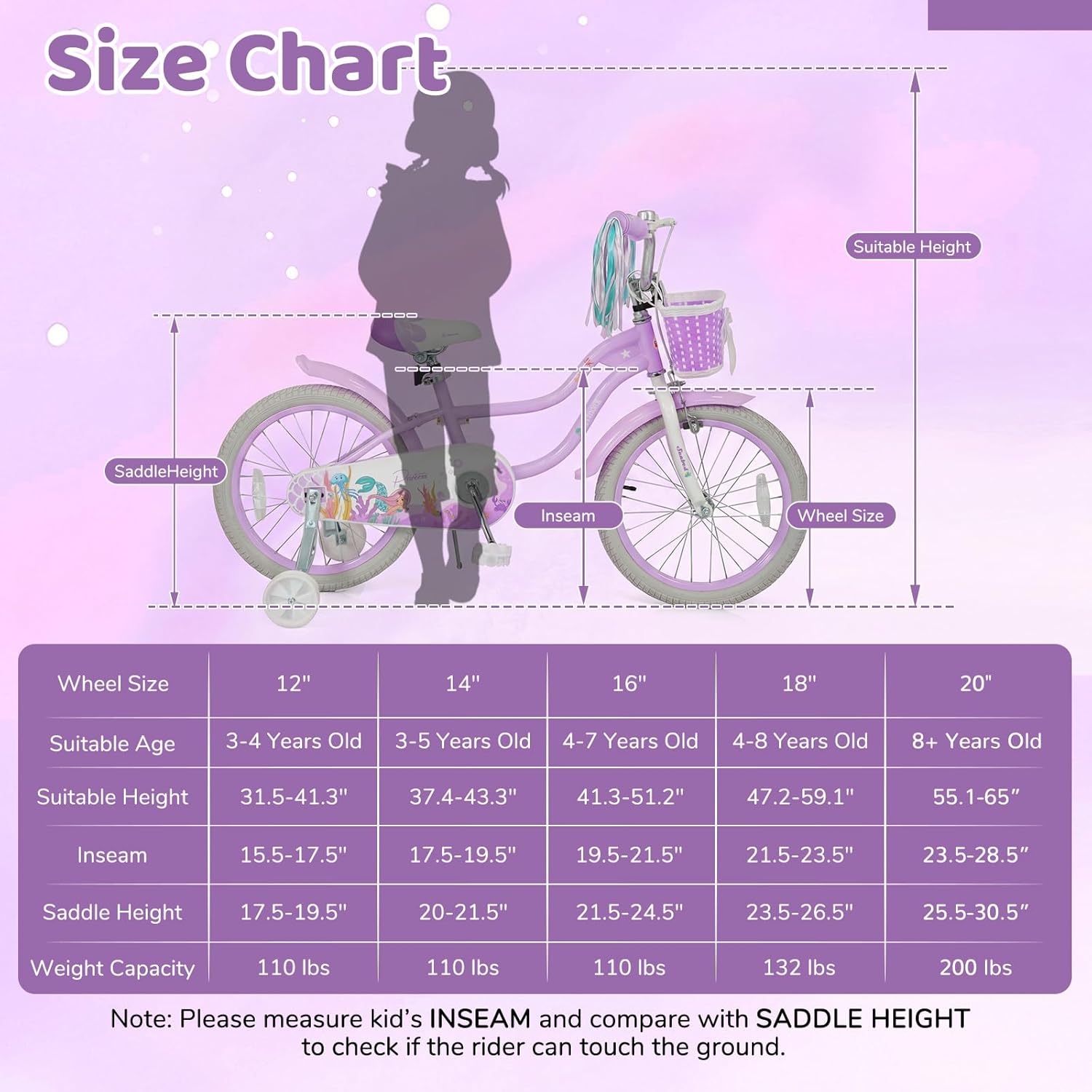 BABY JOY Kids Bike, 12" 14" 16" 18" Mermaid Girls Bike for 3-8 Years Old w/Basket, Training Wheels, Hand & Coaster Brakes, Adjustable Seat & Handlebar, 20" Children Bicycle with Kickstand for 8+