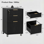 INNOD 3 Drawer Fluted Mobile File Cabinet with Lock, Rolling File Cabinet, Under Desk Wooden Filing Cabinets for Home Office (Black)