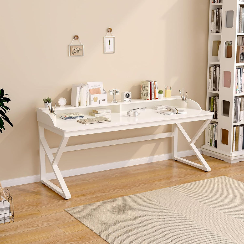 Long Desk with Monitor Stand - 63" Double Long Computer Table for 2-Person Workstation, Large Writing Study Work Desk for Home and Office, White