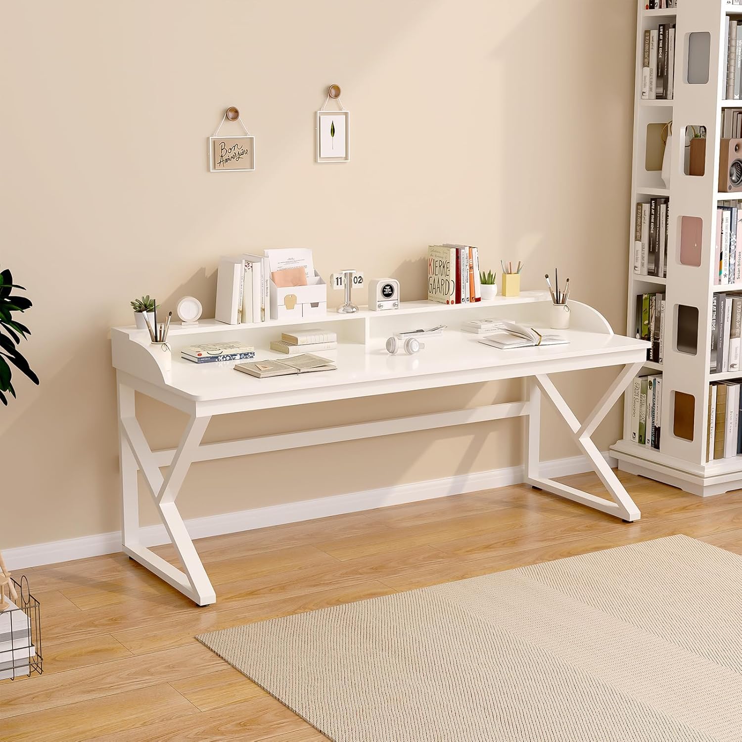 Long Desk with Monitor Stand - 63" Double Long Computer Table for 2-Person Workstation, Large Writing Study Work Desk for Home and Office, White