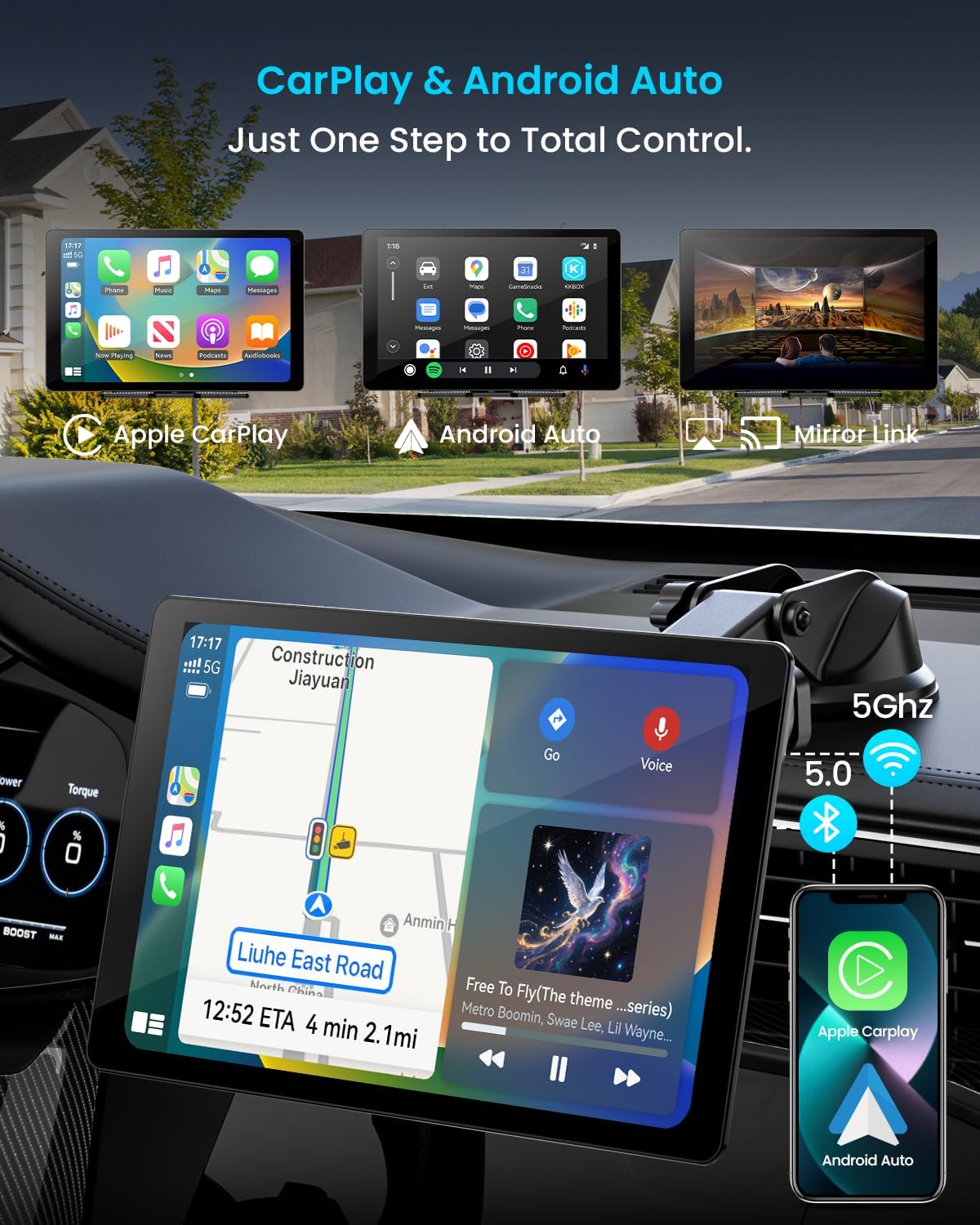 11" Extra Large Wireless Apple CarPlay Screen for Car – Ultra-Slim 0.16 Inch Touchscreen Car Stereo with Android Auto  4K Dash Cam  1080p Backup Camera  GPS  Mirror Link  Voice Control
