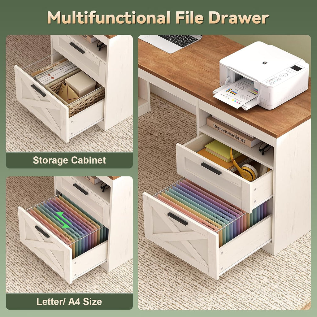 Farmhouse L Shaped Standing Desk, 66 inch Corner Electric Standing Desk with Drawers ＆ Storage Shelves, Height Adjustable Computer Desk with Power Outlets for Home Office, Antique White