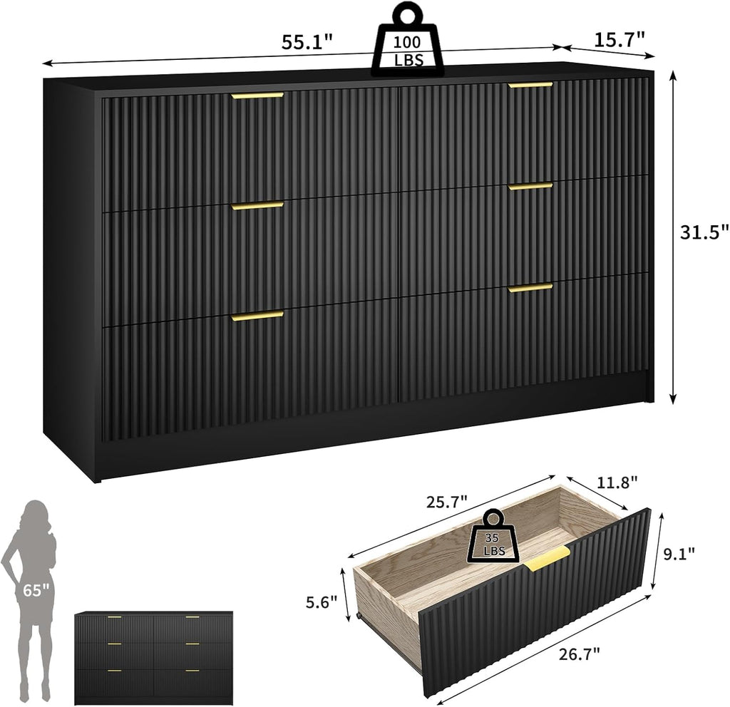 Black Dresser with 6 Deep Drawers, 55” Wide Fluted Dresser for Bedroom with Gold Handle, Modern Chest of Drawer for Closet, Bedroom, Living Room, Black
