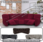 ULTICOR 7-Piece L Shape Sectional Recliner Sofa Covers, Velvet Stretch Reclining Couch Covers for Reclining L Shape Sofa, Thick, Soft, Washable (Burgundy - Wine, L Shape 5 Seat Recliner Cover)