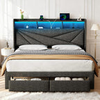 King Size Bed Frame, Upholstered King Bed Frame with 2 Storage Drawers, 2-Tier Headboard, Charging Station & LED Lights, No Box Spring Needed - Dark Grey