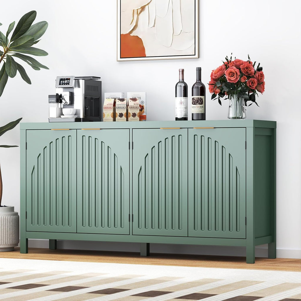 58" Modern Fluted Sideboard Buffet Cabinet with Storage, Modern Credenza with Arched Doors, Coffee Bar Table, Wood Media TV Console Table Credenza for Living Room Hallway Entryway (Green)