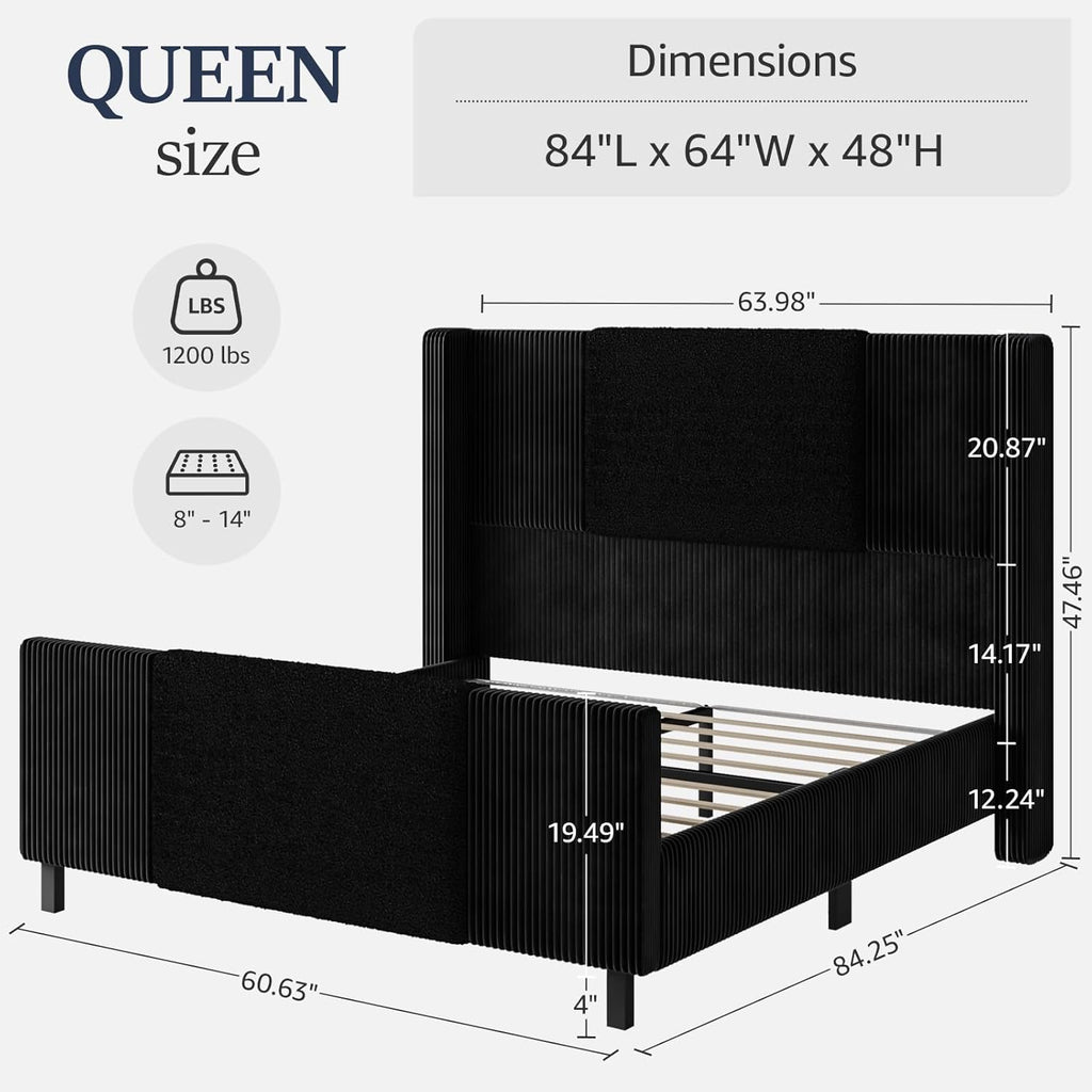 Queen Upholstered Bed Frame with Headboard and Footboard, Boucle and Velvet Bed Frame with LED Lights, Modern Platform Bed Frame, Noiseless, Easy Assembly, Black