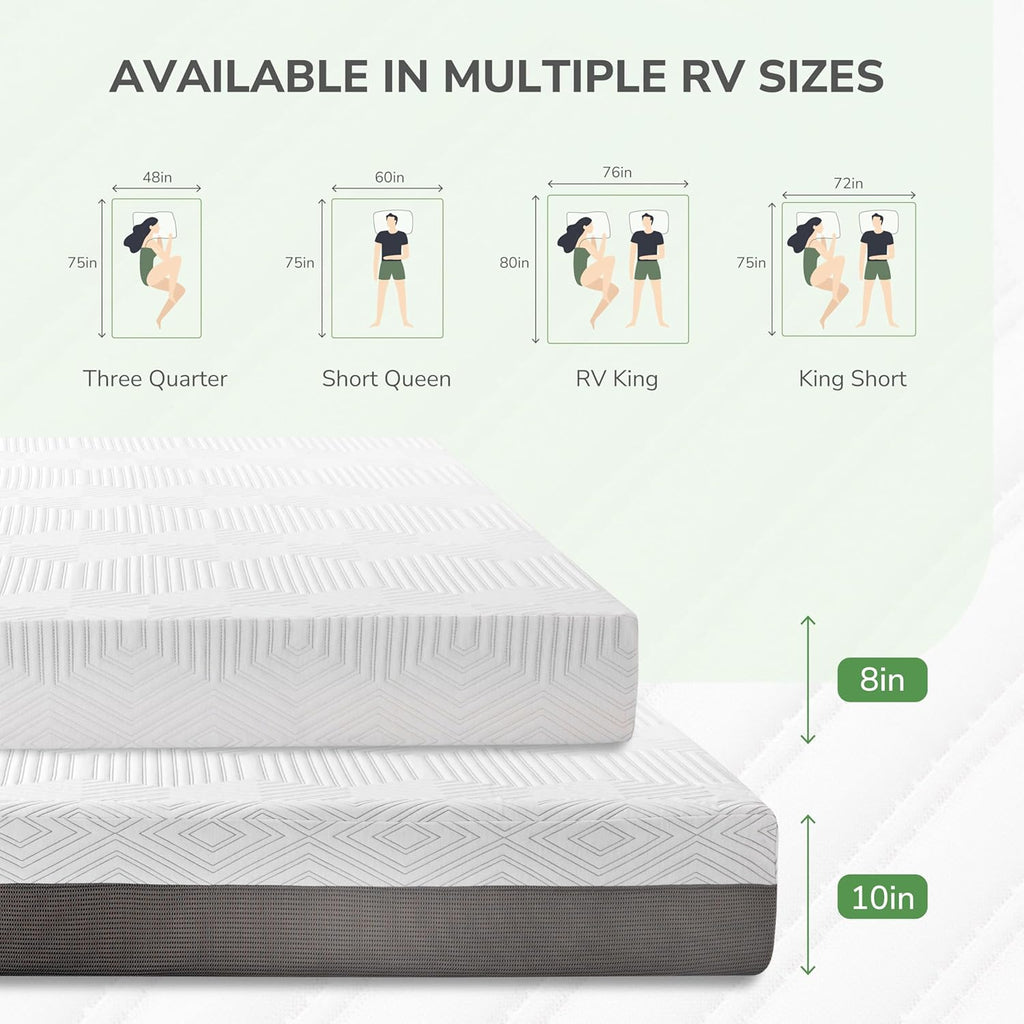 8 Inch RV Short Queen Mattress, Charcoal Gel Memory Foam Mattress, Breathable & Odor-Eliminating, Pressure Relief, Medium Firm, CertiPUR-US Certified, Bed in a Box, 60"x75"
