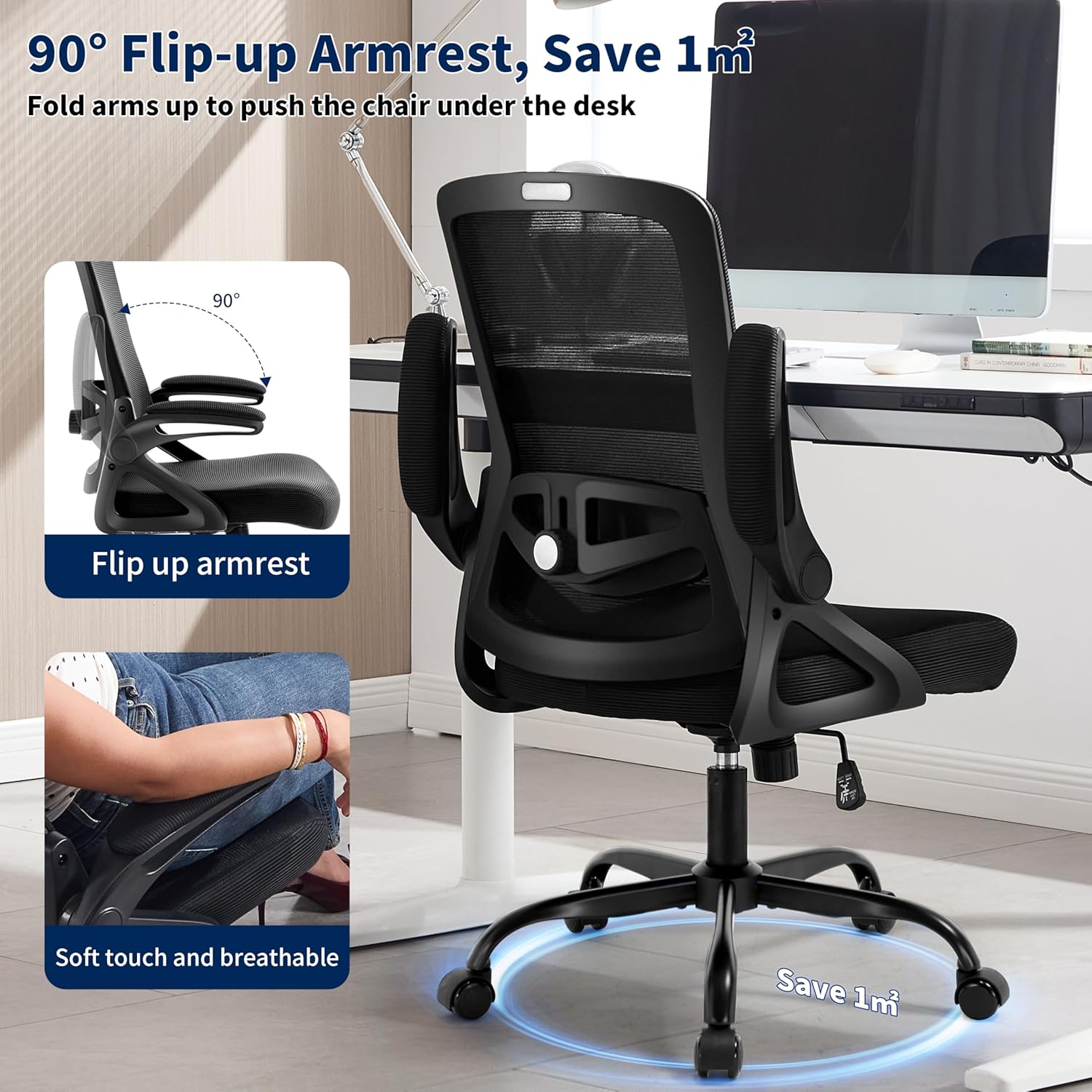 Ergonomic Office Chair, Desk Chair with Adjustable Lumbar Support, Breathable Mesh Comfy Computer Chairs with Flip-up Armrests Executive Task Chair for Adults Home Office(Black)