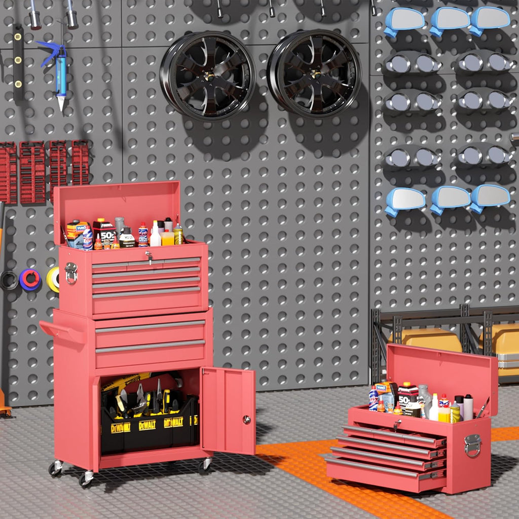 INTERGREAT Tool Chest, Assembled Tool Cabinet with 8 Drawers, Detachable Organized Tool Chests, Lockable Tool Cabinet for Workshop, Warehouse, Mechanics Garage (Pink)