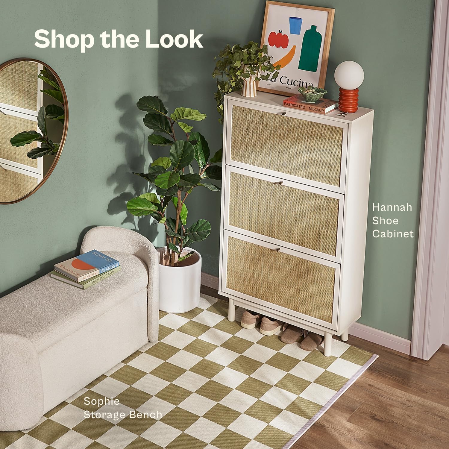 mopio Hannah Shoe Cabinet, Natural Rattan Farmhouse Shoe Storage Organizer, 3 Door Closet Rack for Entryway, Spacious Hallway Storage Cabinet with Doors & Shelves, Sturdy Solid Wood Legs (Whitewash)