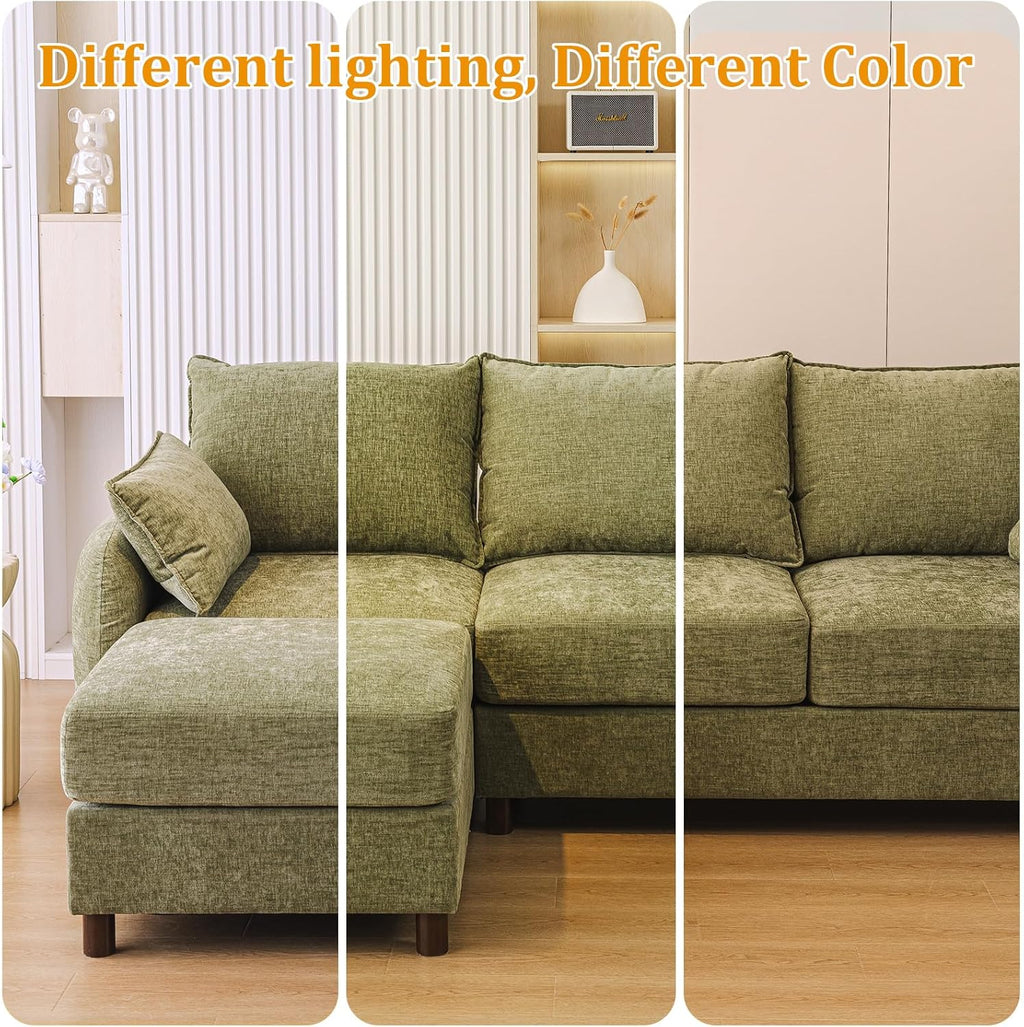 86'' Sectional Couches, L Shaped Couch with Movable Chaise Lounge,Comfy 3 Seats Sofa with Thick Cushion,Wood Legs,2 Throw Pillows,Sectional for Living Room,Bedroom,Apartment,Chenille,Green