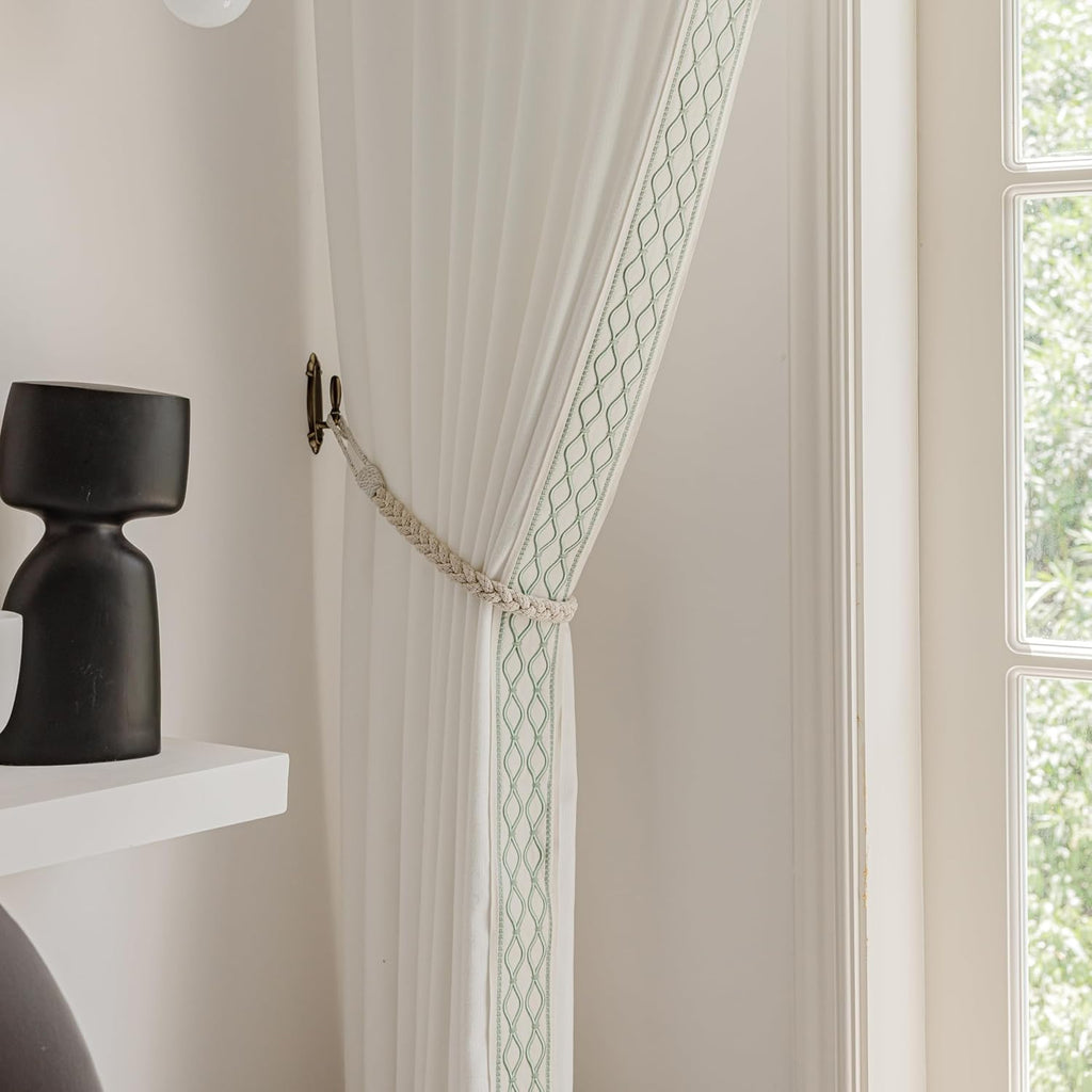 White Colour Linen Curtain Panels with Embroidered Trim Design, Pinch Pleat Curtains, Semi-Sheer Curtains for Sliding Patio Doors Bedroom (2 Panels) (50W x 108L)