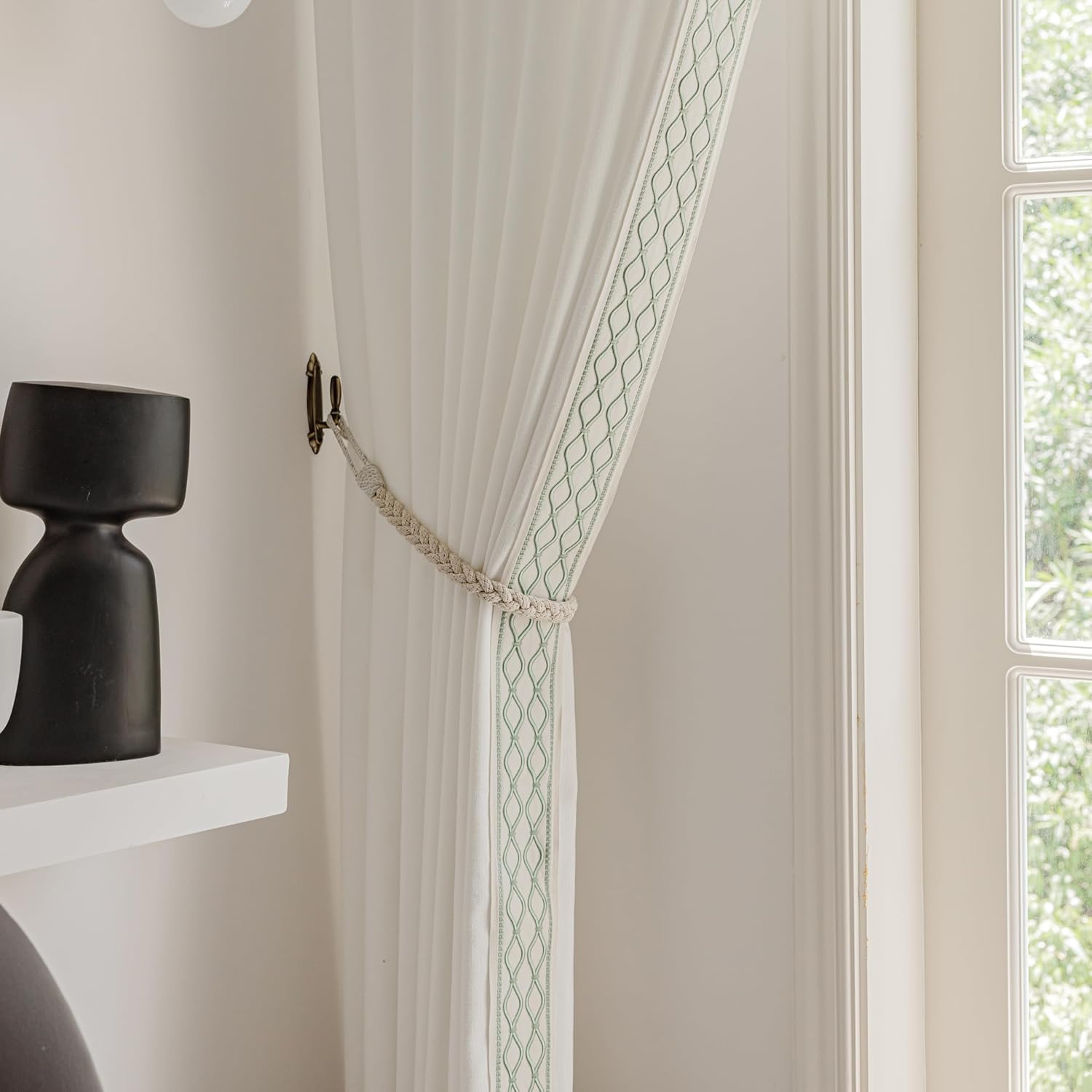 White Colour Linen Curtain Panels with Embroidered Trim Design, Pinch Pleat Curtains, Semi-Sheer Curtains for Sliding Patio Doors Bedroom (2 Panels) (50W x 108L)