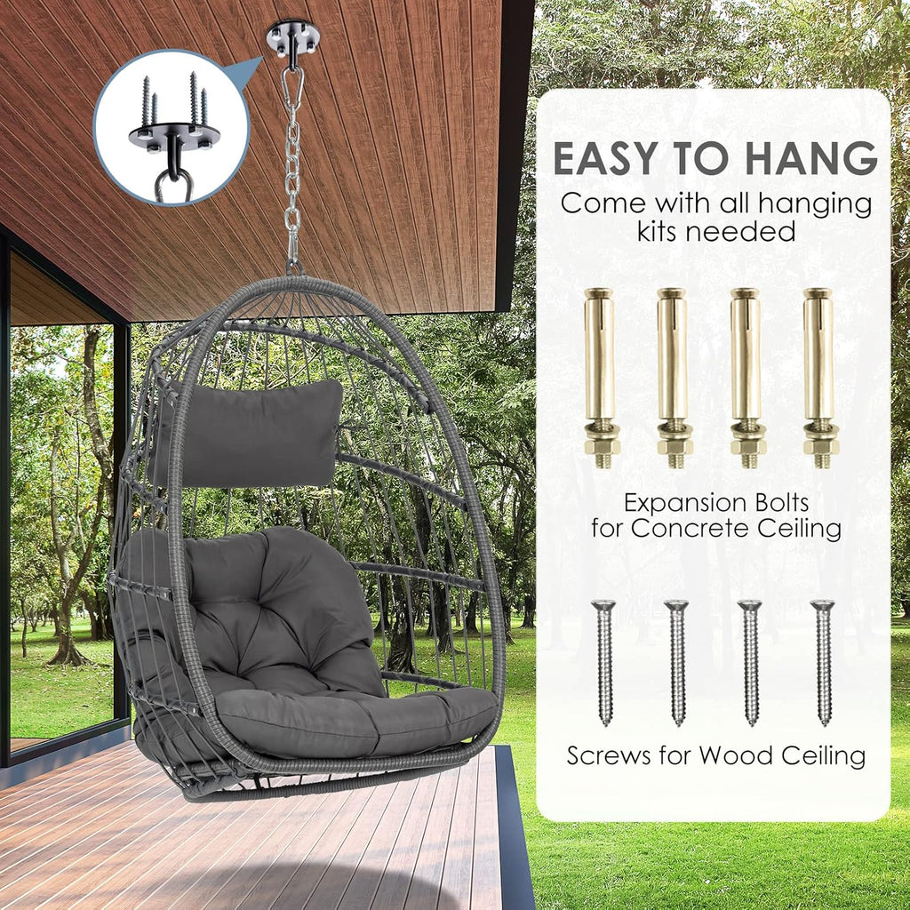 Yechen Hanging Egg Chair Outdoor Without Stand Indoor, Aluminum Foldable Swing Egg Chairs - Wicker Rattan Hammock Egg Porch Swing with UV Resistant Cushions for Bedroom Patio Balcony