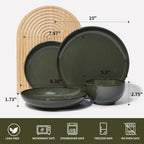 Pokini 16 Piece Double Bowl Dinnerware Sets with Pasta Bowls, Highly Chip and Crack Resistant Plates and Bowls Sets, Natural Earthyware Ceramic Dishware Sets, Service for 4 Blackish Green