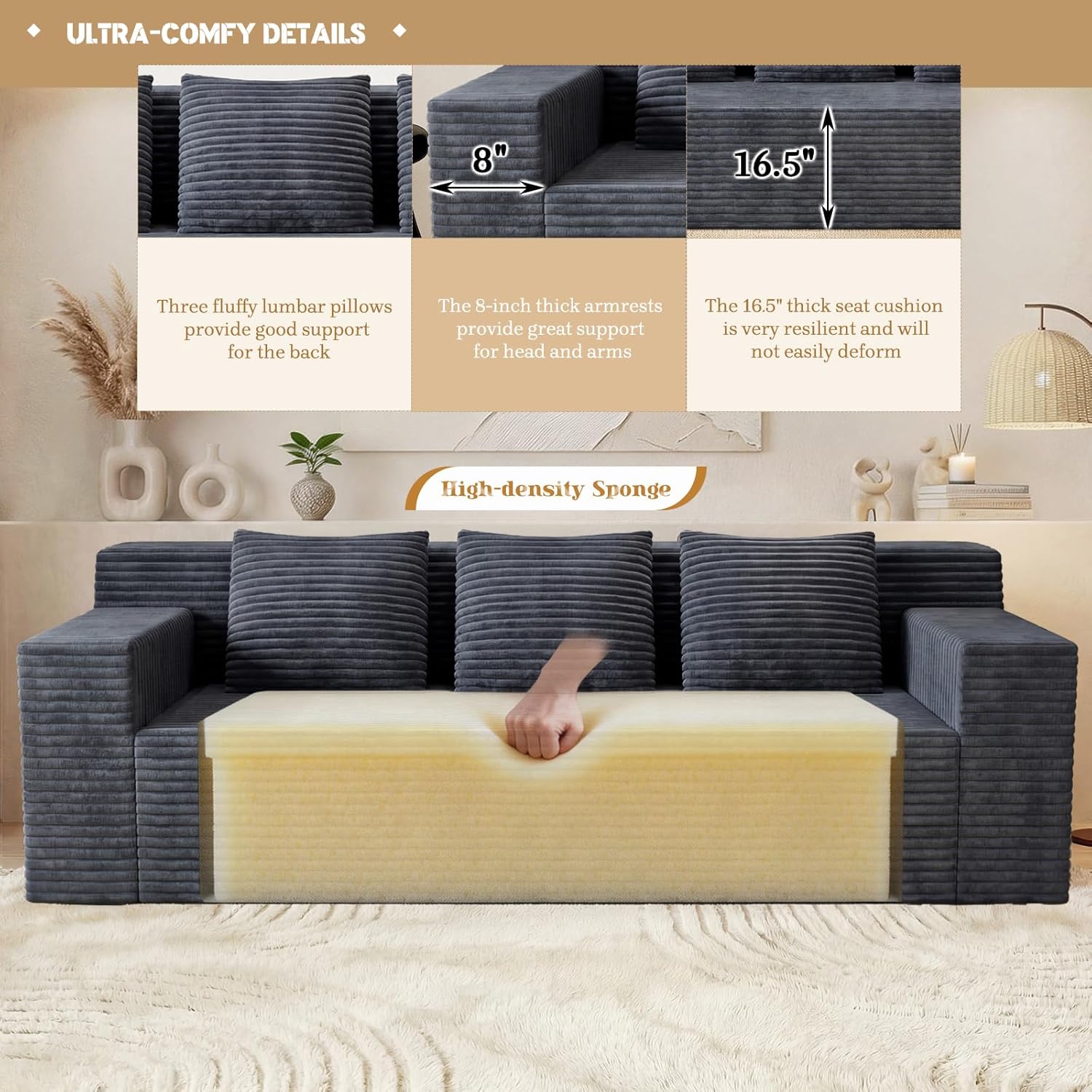 71" Corduroy Living Room Sofa, 3 Setaser Deep Seat Couch with 3 Lumbar Pillows, Comfy Boneless Sofa Modern Compressed Couch for Bedroom, Office, Apartment, No Assembly, Flat Armrests (Dark Grey)