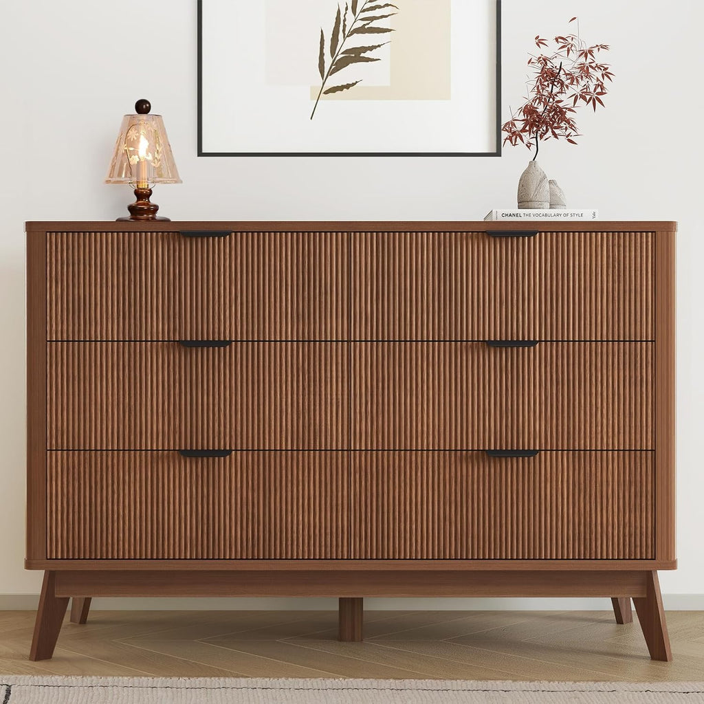 Fluted Dresser for Bedroom,49.6'' Modern Wooden Walnut Dresser with 6 Drawers, Bedroom Dressers, Natural Wood Chest of Drawers for Living Room, Hallway (Walnut)