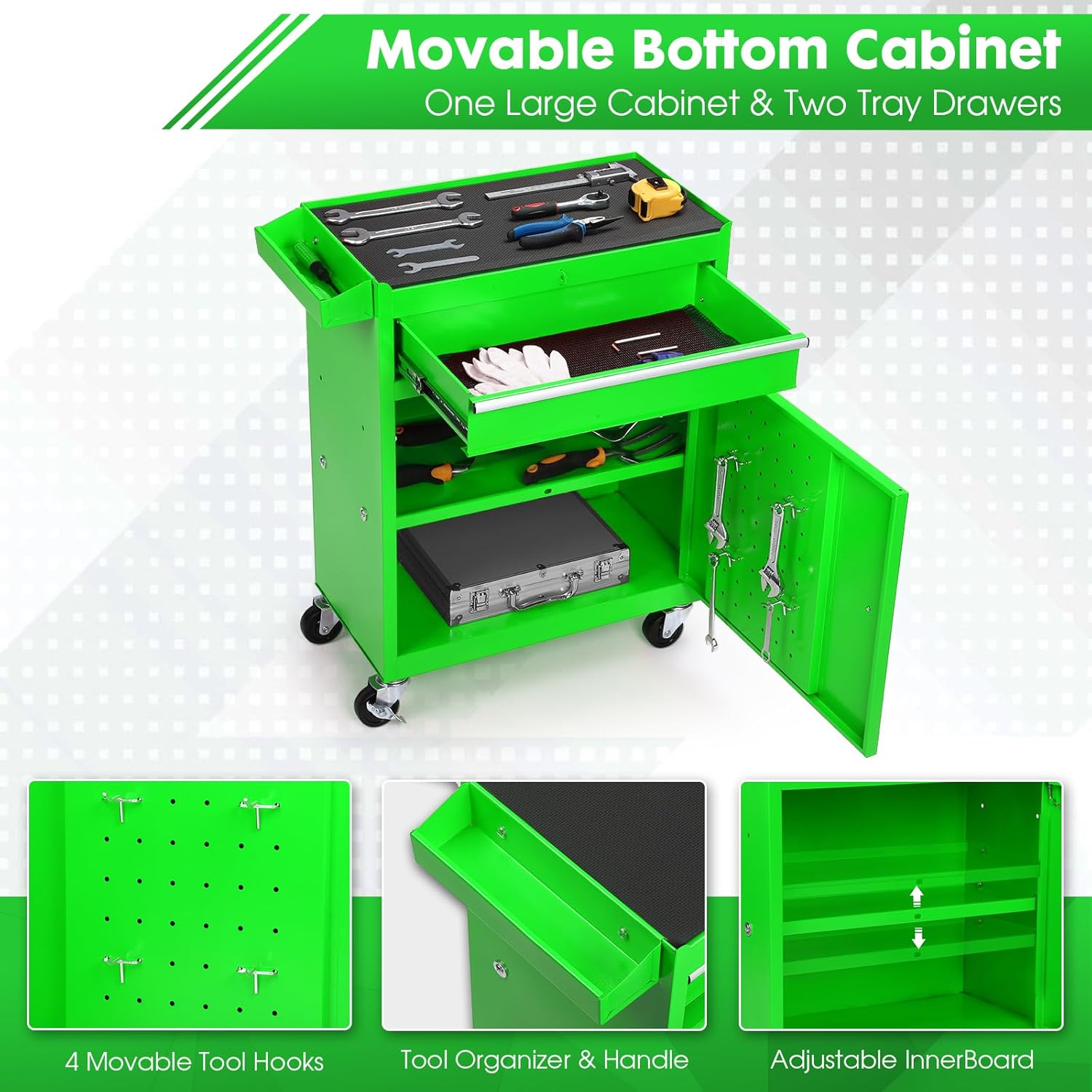 5-Drawer Rolling Tool Chest – 2-in-1 Lockable Tool Box with Wheels, Sliding Drawers & Detachable Top – Garage & Workshop Storage Cabinet, Green