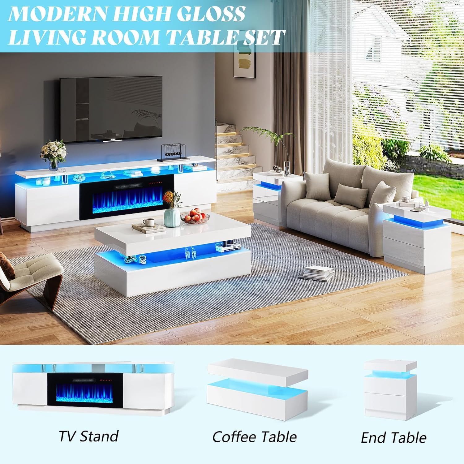 AMERLIFE Fireplace TV Stand with 36" Fireplace, 70" Modern Fireplace Entertainment Center LED Lights, 2 Tier TV Console Cabinet for TVs Up to 80", Ivory White