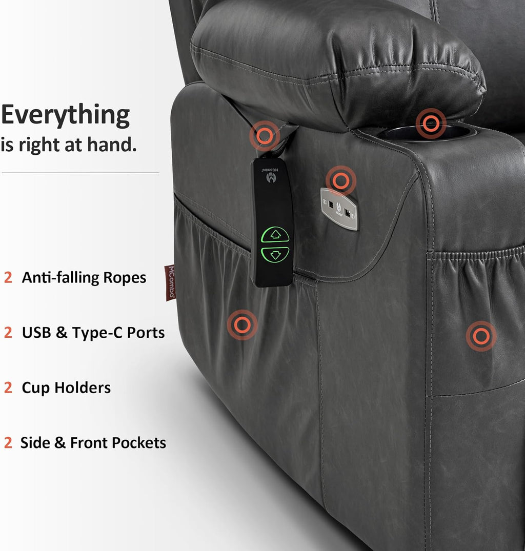 MCombo Electric Power Lift Recliner Chair Sofa with Massage and Heat for Elderly, 3 Positions, 2 Side Pockets, and Cup Holders, USB Ports, Faux Leather 7040 (Grey, Medium)