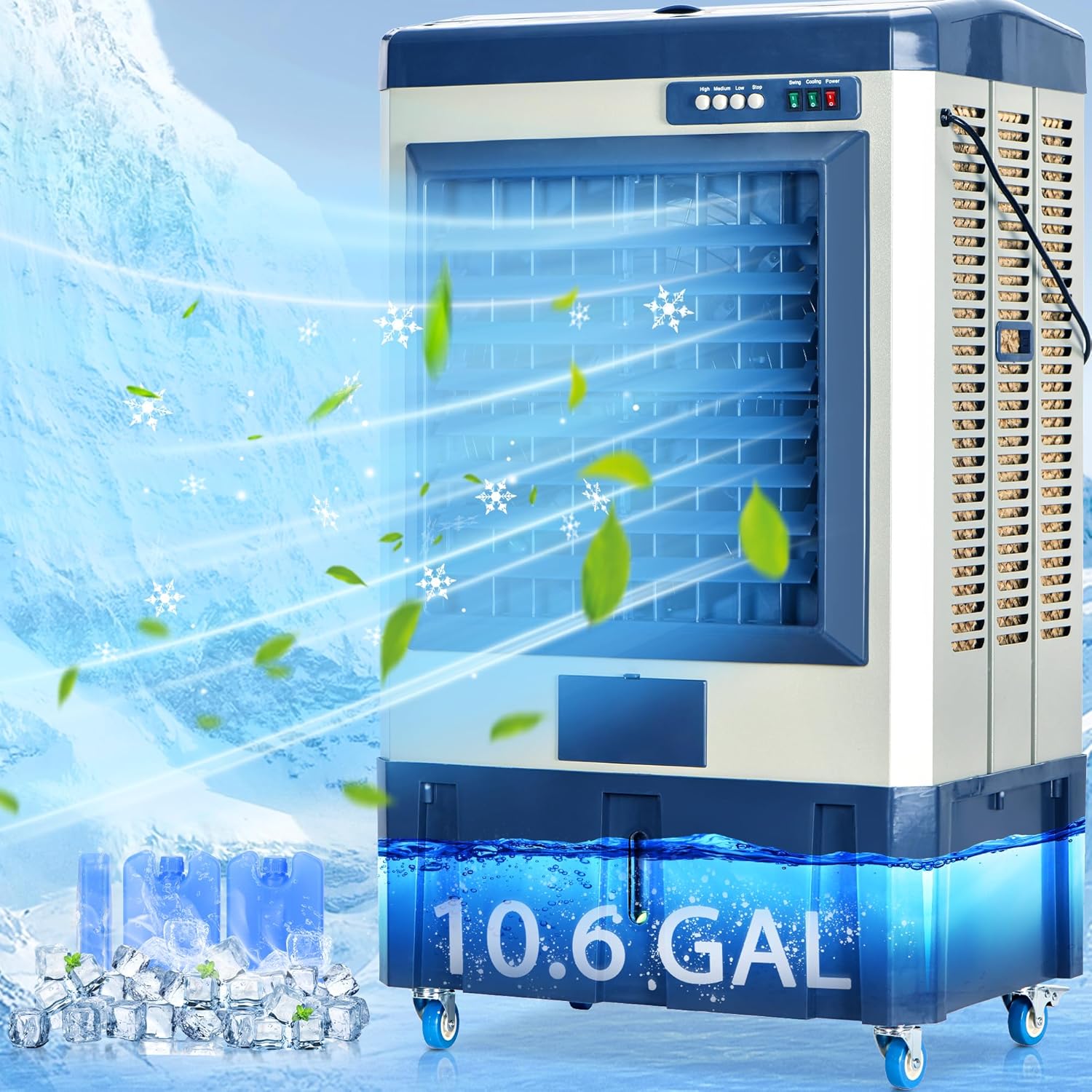 4800 CFM Swamp Cooler,41" Evaporative Air Cooler with 10.6 Gal Water Tank,3 Ice Packs,120° Swing,3 Speeds,Swamp Cooler Air Conditioner for Commercial,Outdoor,Garage,Patio,Porch,Factory