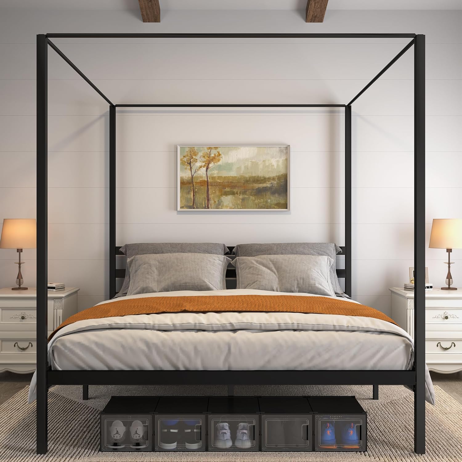 YITAHOME Metal Four Poster Canopy Bed Frame King Size, 14 Inch Platform with Built-in Headboard Strong Metal Slat Mattress Support, No Box Spring Needed, Black