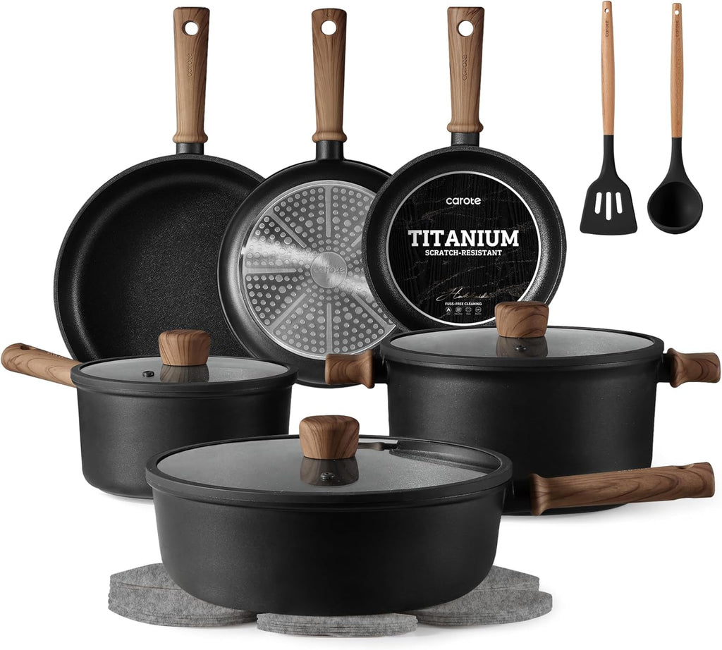 CAROTE Nonstick Pots and Pans, Induction Titanium Cookware Set 16pcs Kitchen Cooking Sets, Pot and Pan Non Stick w/Frying pan (PFOS, PFOA Free)